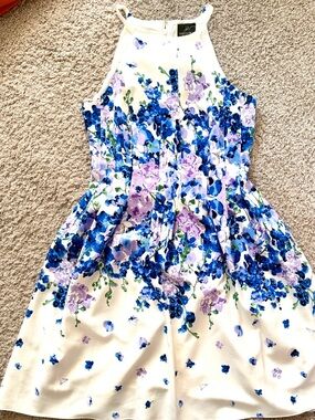 🔥Adrianna Papel’s Ivory Floral Halter Fit & Flare Dress - Blue & Lavender